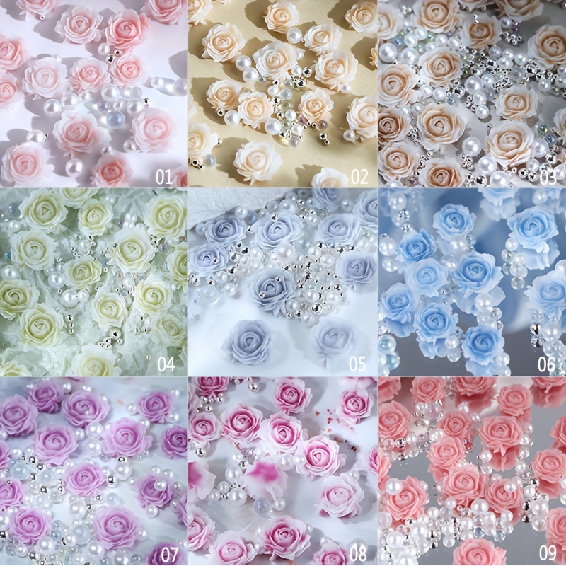 

9 Sets 30pcs Light Color Gradient Resin Rose Color 3d Rose Flowers With Pearl Steel Beads For Nail Decoration Design Valentine's Day Charm Accessories