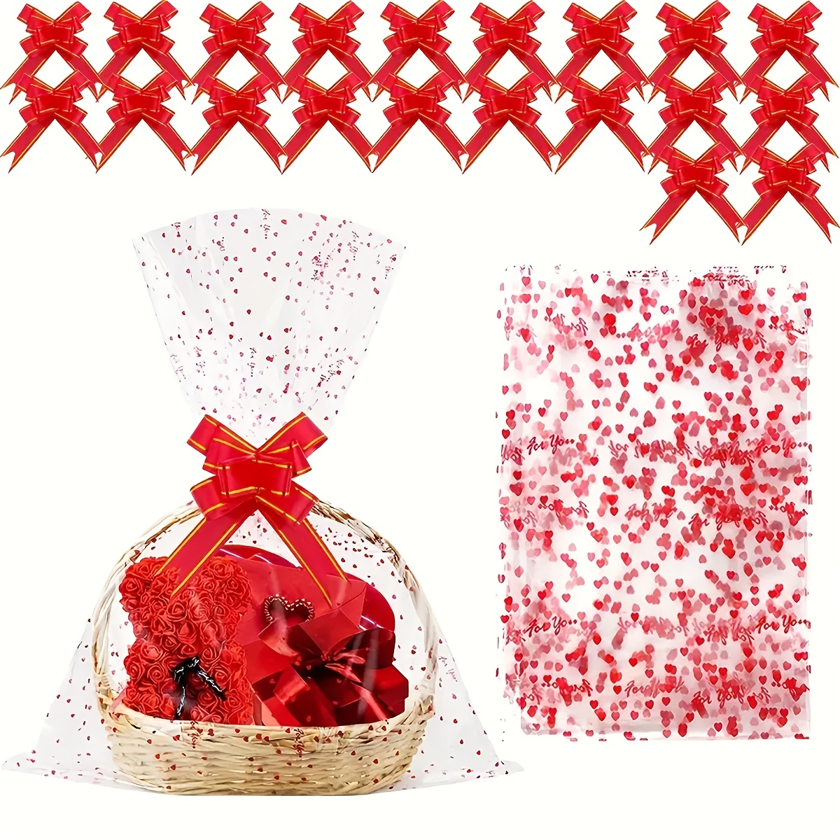 

20pcs Heart Printed Cellophane Gift Bags With Ribbons, 20x28" Plastic Basket Wrap For Valentine's Day, Weddings, Bridal Showers, Wedding Gifts, Basket Bags, Bows