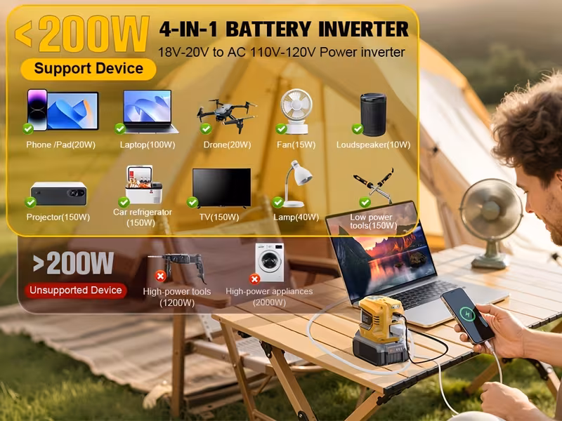 power inverter compatible with dewalt 20v battery inverter 20v to ac 110v portable phone charger generator power supply with 2 usb ports 1 type c 1 ac outlet for camping outdoor emergency christmas gifts without battery Product details 5