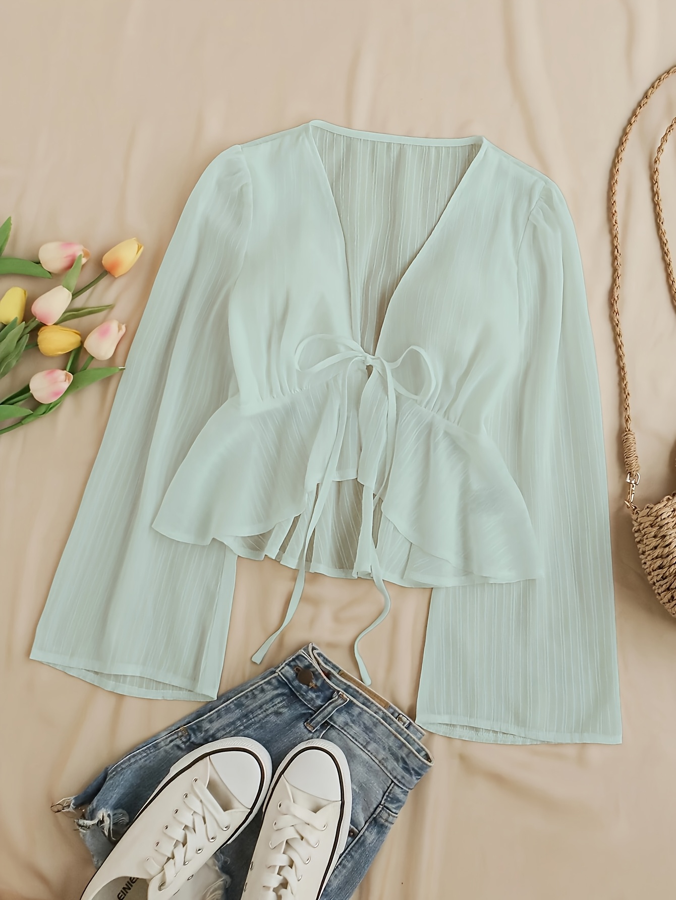 Elegant V-Neck Tie-Waist Blouse with Ruffled Sleeves and Lace Detail - Light Blue, Perfect for Spring/Summer, Adult Women'S Clothing, Casual Attire|Ruffled Sleeve Top|Lace Detail Top, Ladies Blouses