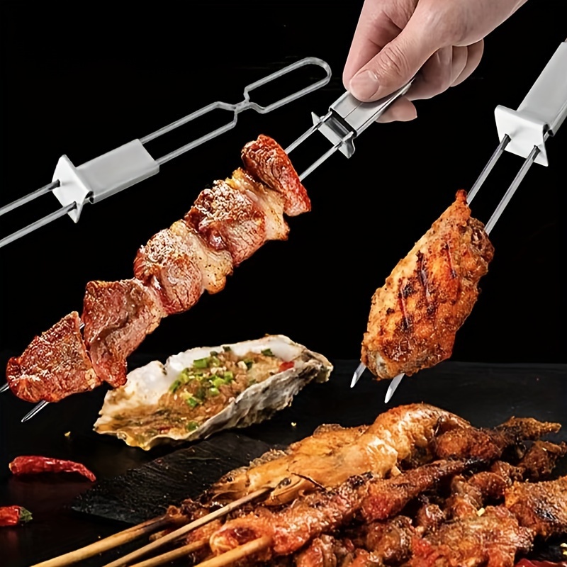 2pcs double ended reusable stainless steel barbecue fork semi automatic outdoor bbq barbecue tool portable barbecue skewer lamb hot dog fork camping picnic party bbq accessories bbq gadgets details 1