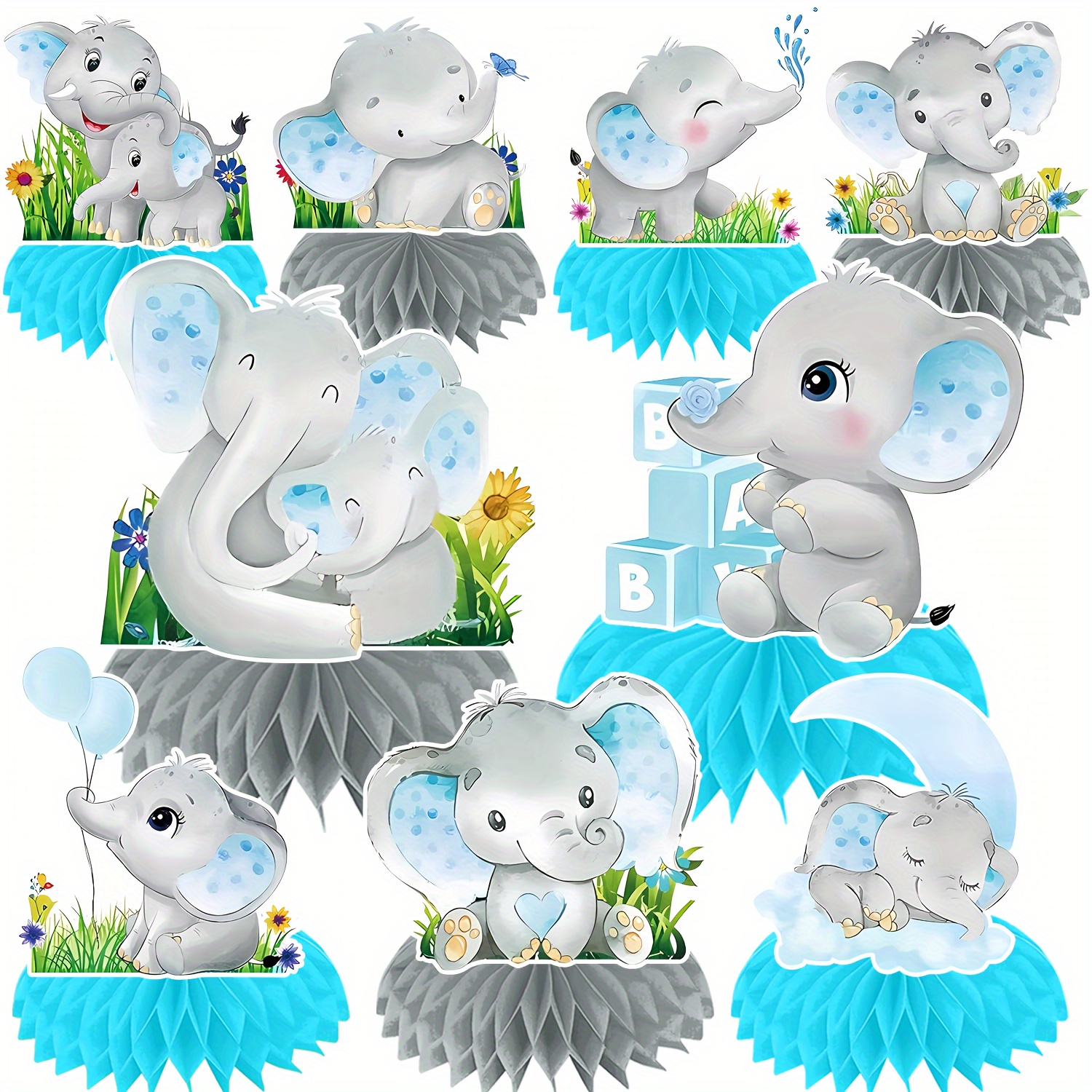 

Blue Elephant Honeycomb Centerpieces - 9pcs Set For Baby Shower And Birthday Party Decorations, Paper Table Toppers With Floral Accents, Themed Party Supplies For All Occasions, No Electricity Needed