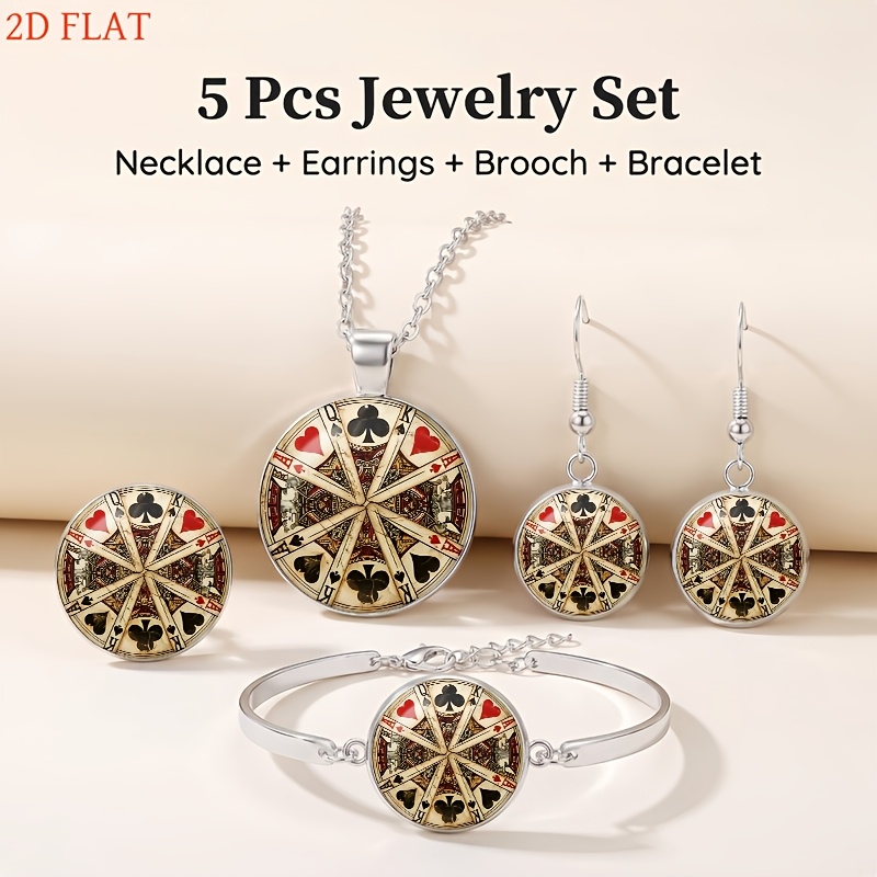 5pc Playing Card Themed Women's Jewelry Set, Necklace & Earrings