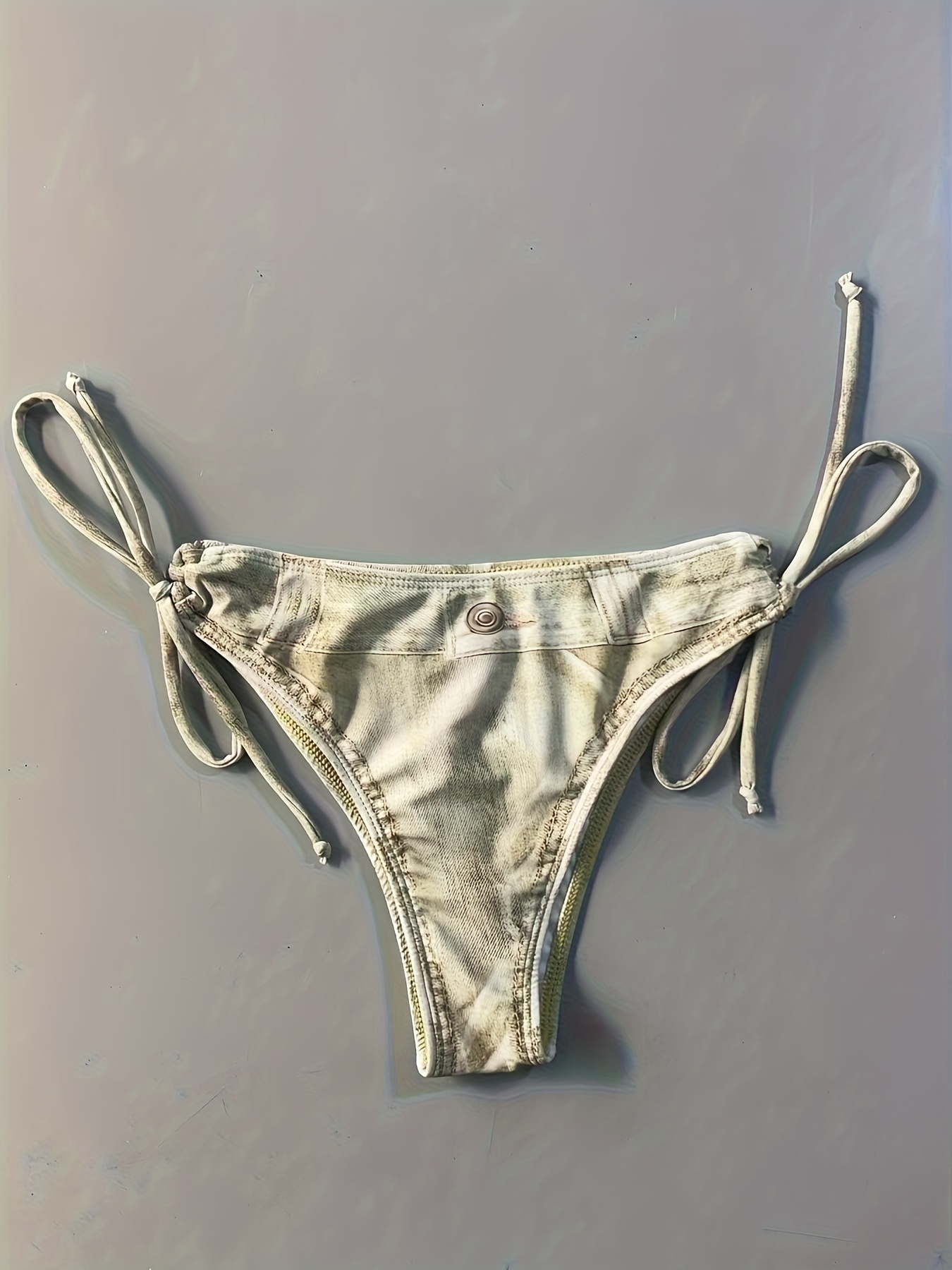 Faux Denim Print Triangle 2 Piece Set Bikini, Tie Strap Halter Backless Swimsuits, Women's Swimwear & Clothing