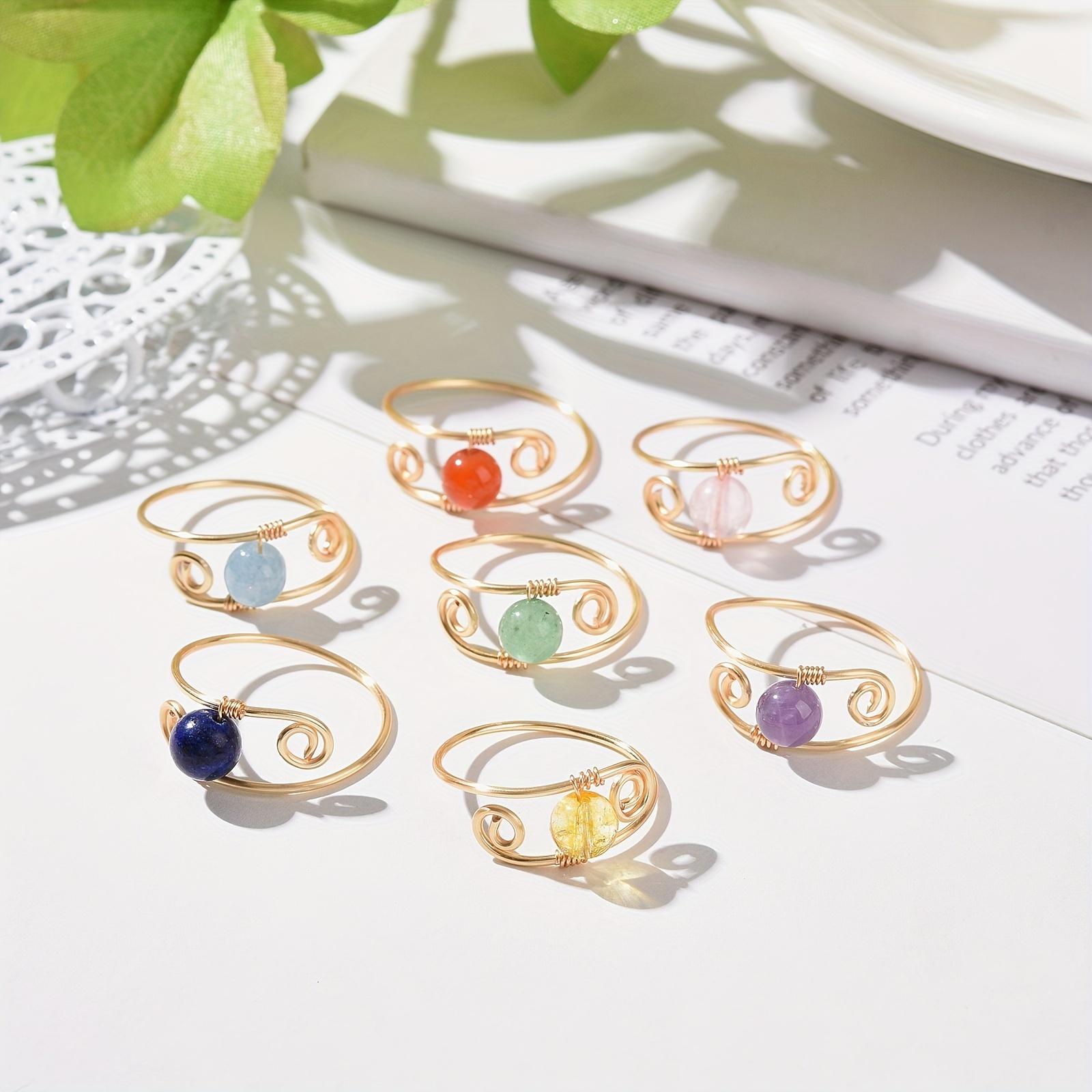 

7-piece Stone Embellished Spiral Wire Ring Set For Women - Golden Tone Fashion Jewelry With Assorted Gemstone Charms