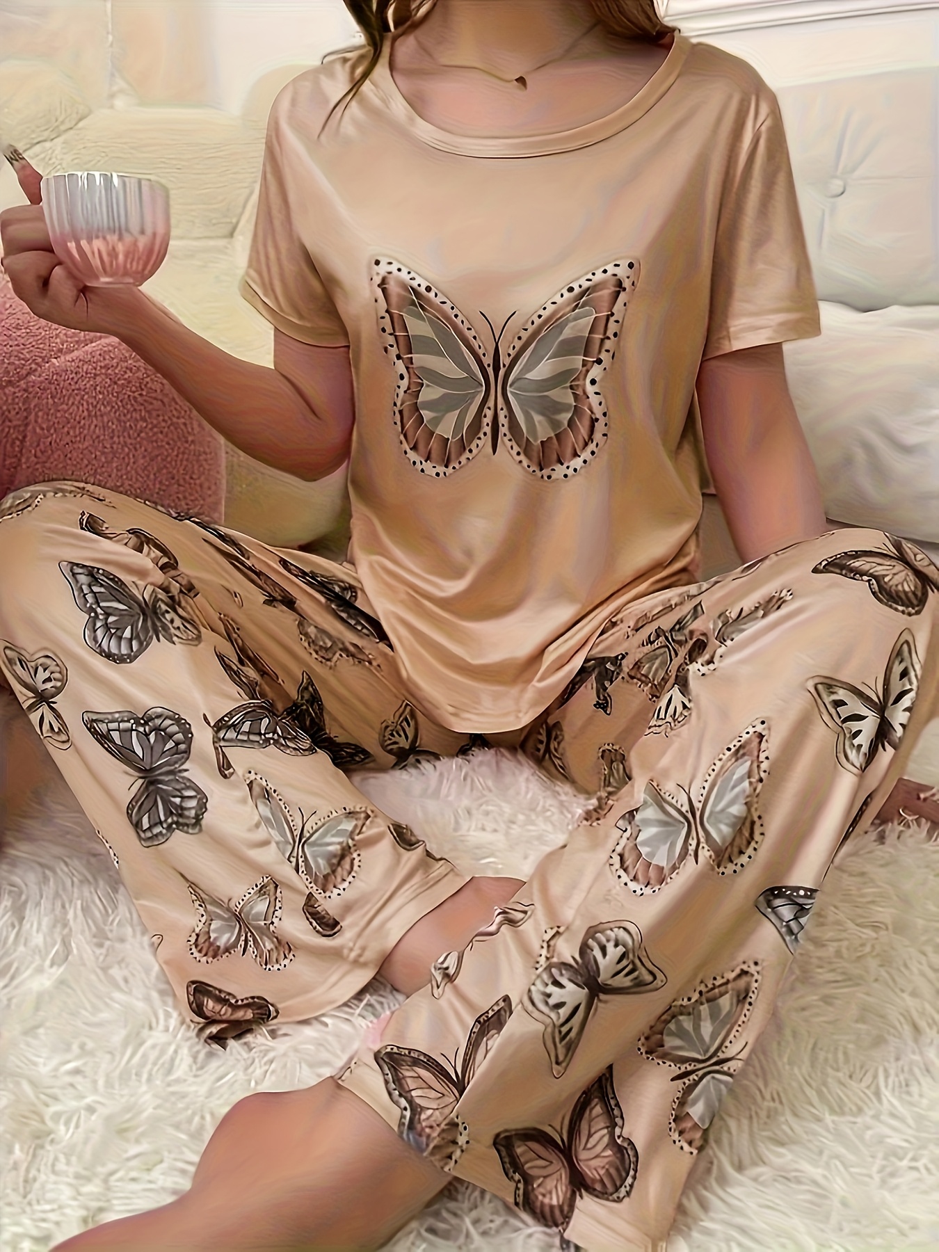 2pcs womens pajama set with   pattern top and pants