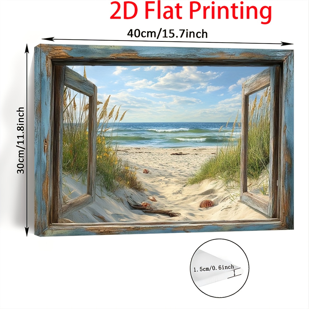 E-shop 2D Flach, 2D Druck Holzgerahmte Leinwandmalerei – Landschaftlicher Strandblick durch rustikales Fenster, Wandkunst für Wohnzimmer & Schlafzimmer