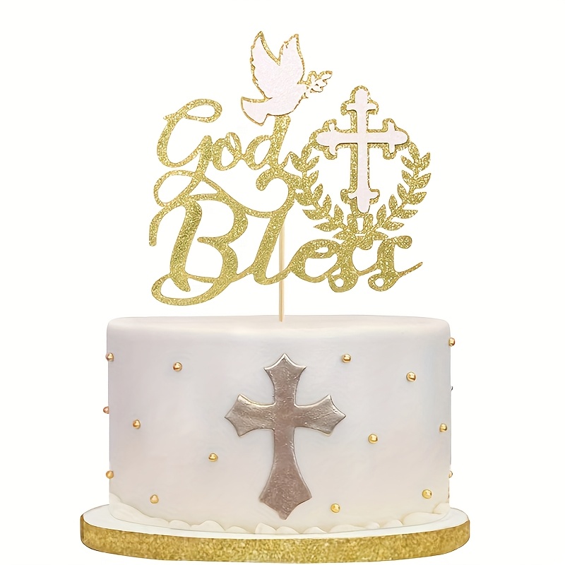 Image of Baptismal Party Cake Topper Decoration, Sparkling Cross And , First Communion Baptism Decor, Religious Cake Topper