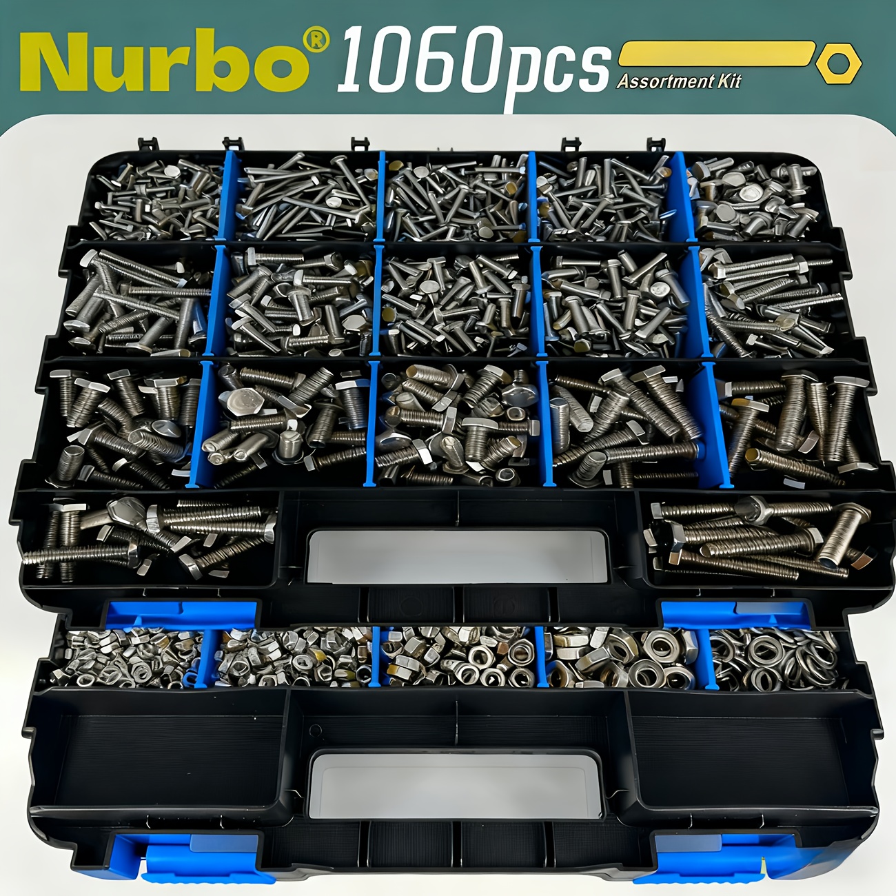 1060pcs Stainless Steel M4 M5 M6 M8 Heavy-duty Hex Nut Washer Assortment Kit With Double-sided Toolbox