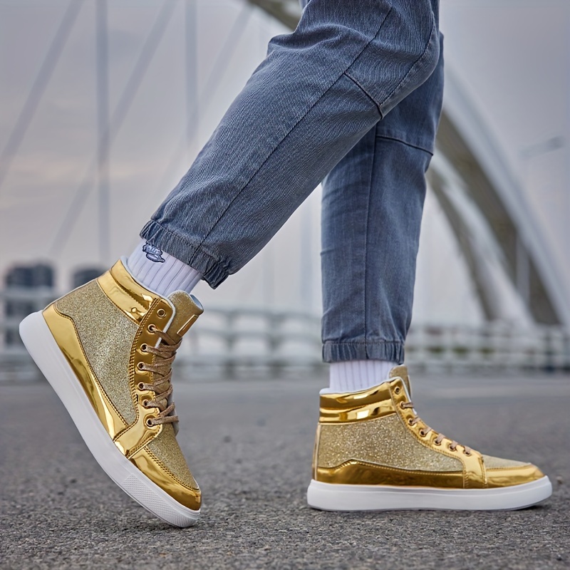 *'s High-Top Glitter Skate Sneakers Golden, Reflective Sparkling, with  Non-Slip EVA Sole, Durable Lace-Up Sports Shoes, Comfortable Fabric Linin