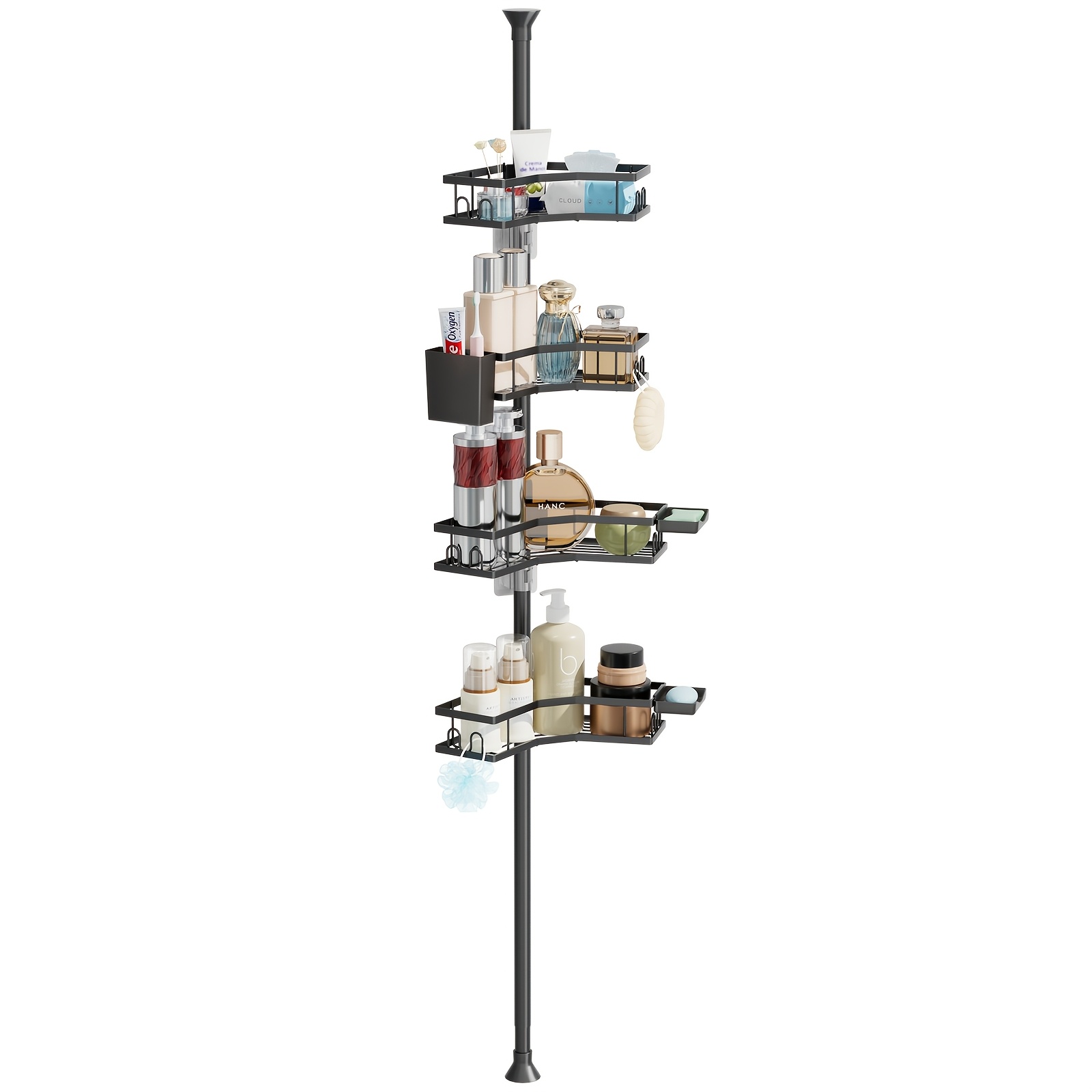 TEMU 4-tier Tension Pole Shower Caddy, No Drilling Adjustable Corner Shelf, Black Rustproof Bathroom Organizer, Space Storage For Rentals, Shower