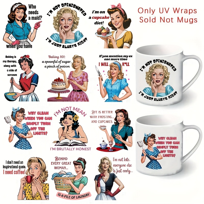 

Set Of 4 Retro Sarcastic Women Uv Dtf Self-adhesive Plastic Cup Wraps, Waterproof & -resistant 3d Crystal Transfer Paper For Tumblers & Bottles - High-quality Decals (3.2"x7.9")