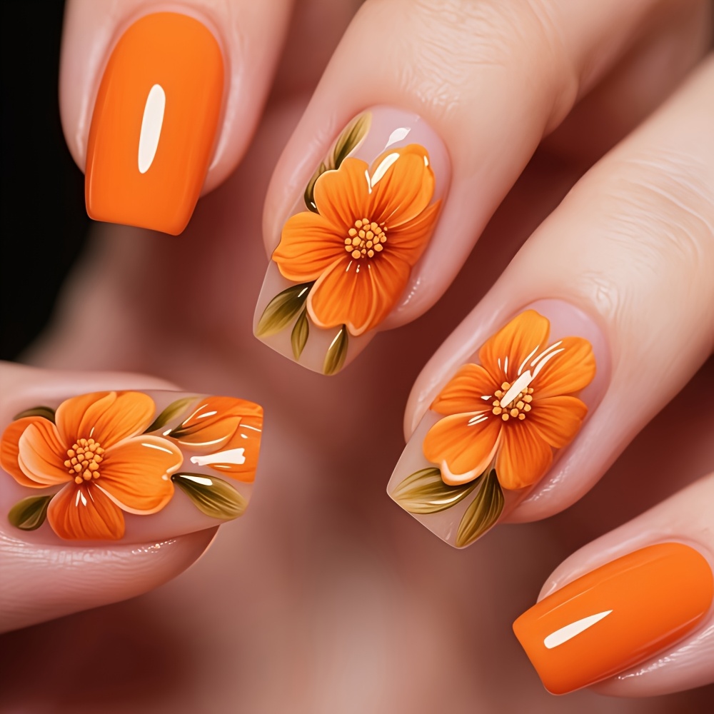 TEMU 24pcs Of Short Oval-shaped Wearable Jewelry. Simple Orange Floral Decorative Nails. Fashionable And Gentle Manicure. Women's Wearable Jewelry.
