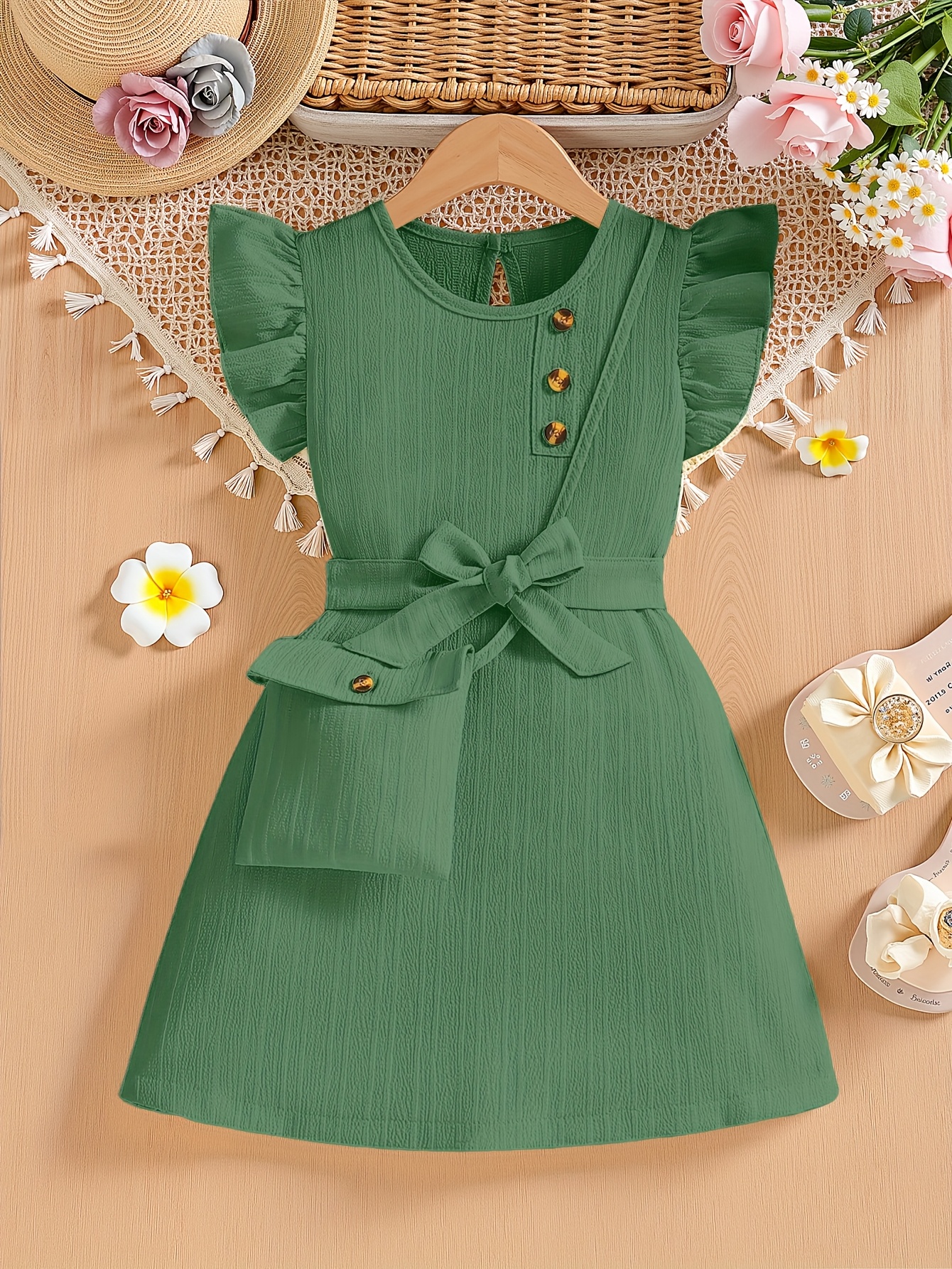 Elegant Green Ruffled Sleeve Dress for Girls with Bow Detail & Button Accents - Crew Neck, Non-Stretch Polyester, Machine Washable - Perfect for Summer Parties & Casual Outings, Girls Long Sleeve Dresses