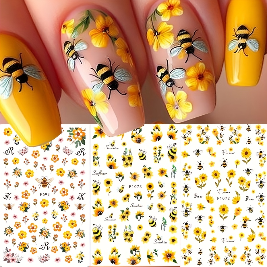 Cartoon Sunflower Hardworking Bee 3d Nail Art Stickers Self-adhesive Decoration Daisy Floral Cute Bee Mixed Flower Nail Stickers Diy Decoration For Accessories