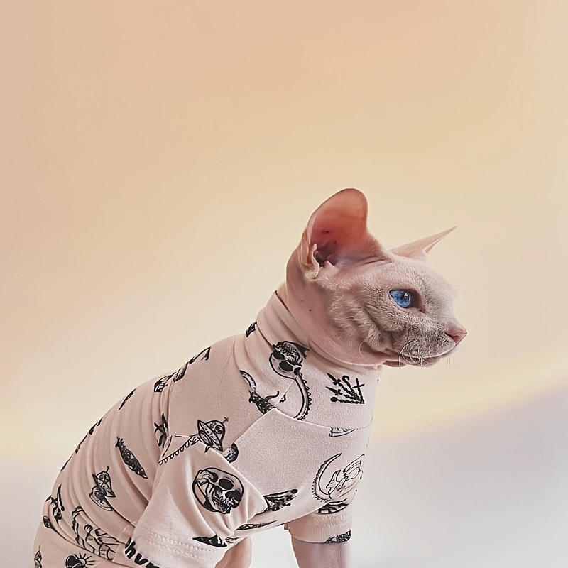 Sphynx Cat Tattoo Print Shirt Fit Pullover Polyester Weave,  Skin-Friendly Clothes for Hairless and Small to Large Dogs