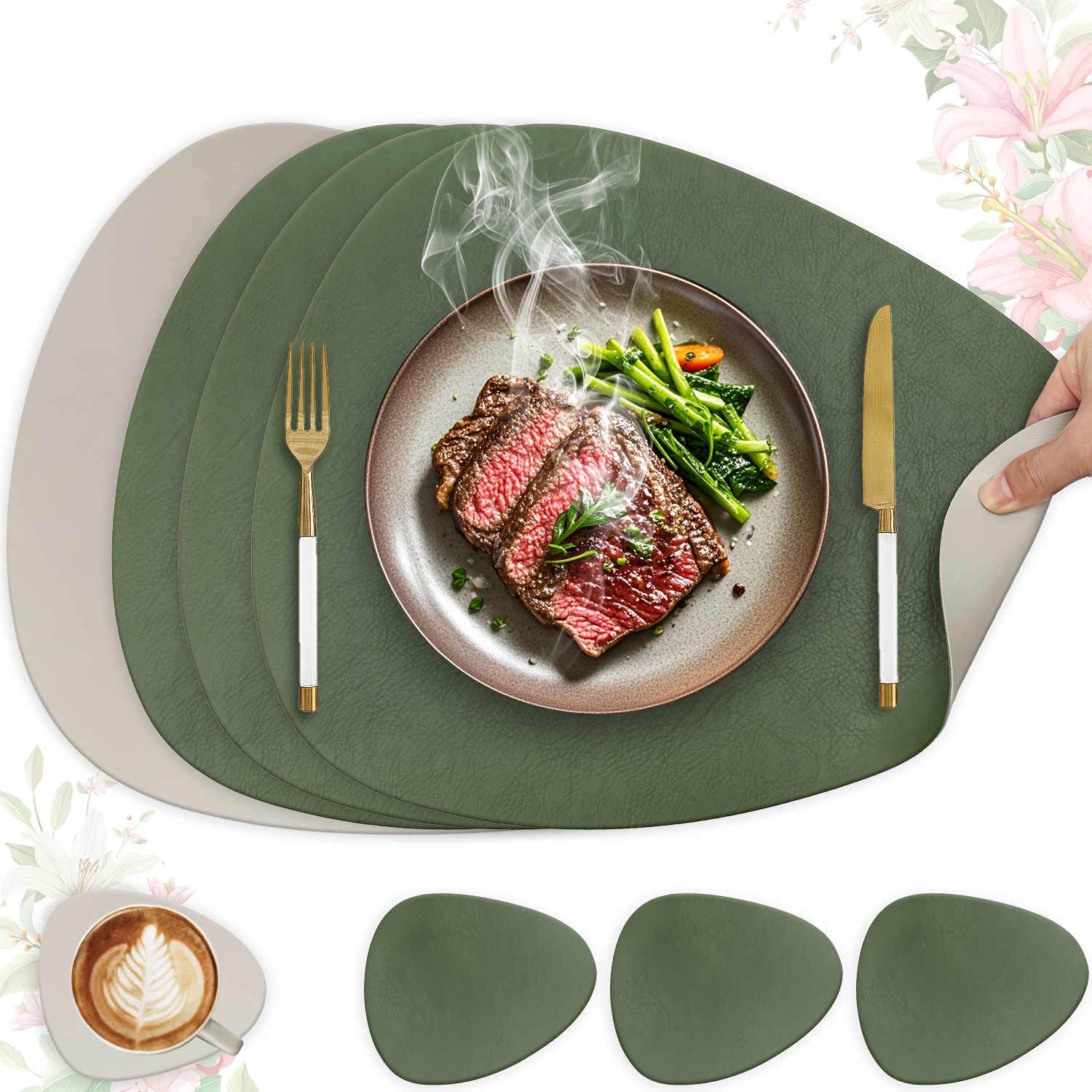 TEMU Oval Cowhide Leather Placemats. 8pcs Placemats (4 Placemats + 4 Coasters).
