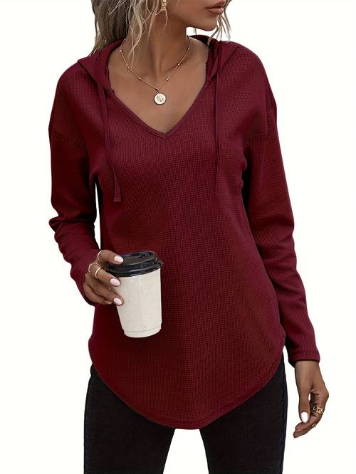 womens elegant v neck hoodie soft long sleeve drawstring sweatshirt machine washable regular fit casual pullover for fall winter versatile street simple and fashionable fine stitching unisex winter essential