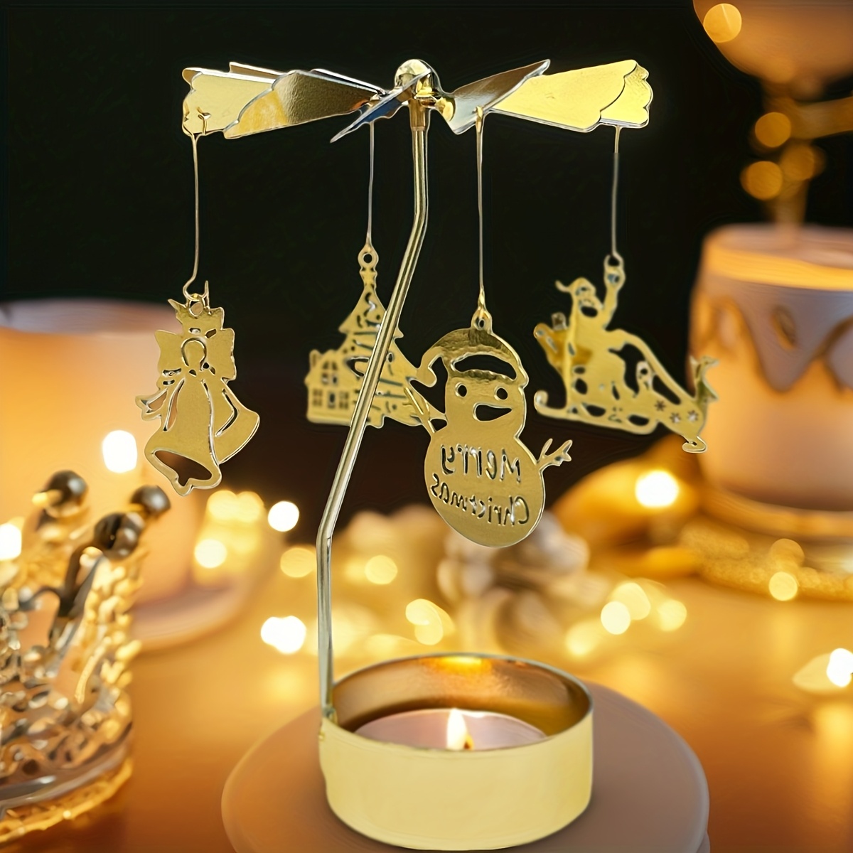 1pc Golden Rotating Christmas Candle Holder, Santa Snowman Christmas Design, Ideal Christmas Decoration Gift For Desktop, Room, Party, Home, And