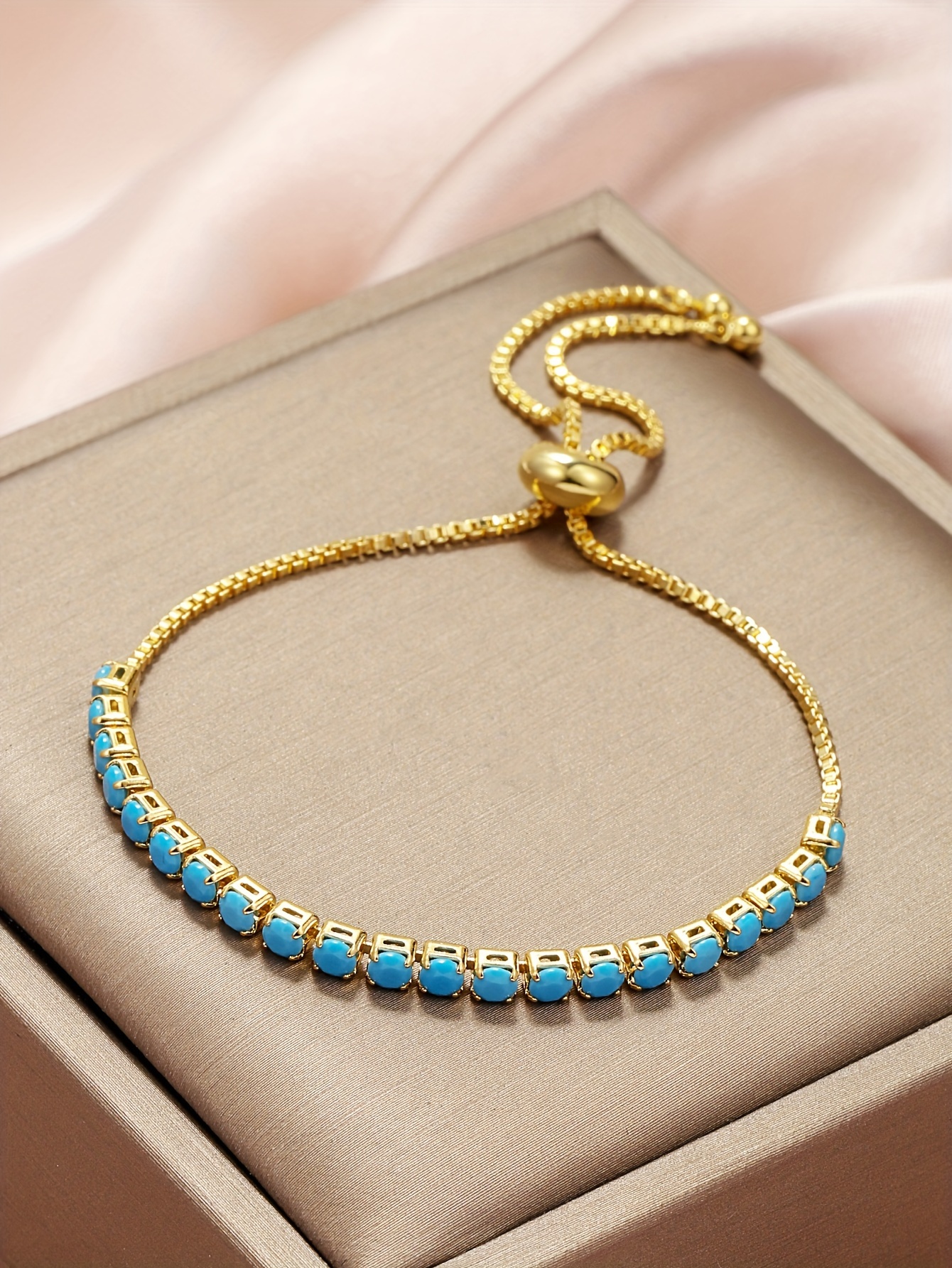 elegant turquoise bracelet single row 18k gold plated adjustable drawstring style   fashion jewelry for women details 2