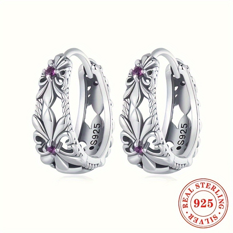 

1 Paire de Boucles d'Oreilles Anneau de Mode pour Femmes 2.6g S925 Argent Pur Style Bohémien Vintage Fleur Incrustée de Synthétique Bijoux Quotidiens pour Femmes