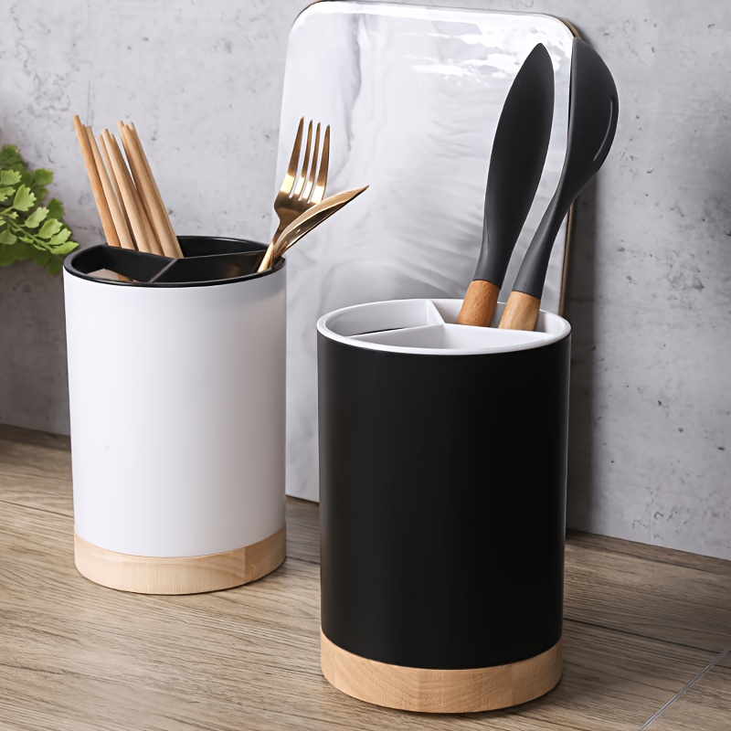 Black Minimalist 3-compartment Cutlery Holder, 360-degree Rotating 7.3-inch Large Kitchen Storage Rack, Kitchen Countertop Organizer, Cutlery Storage Jar, Rustic- Countertop Decor, Black