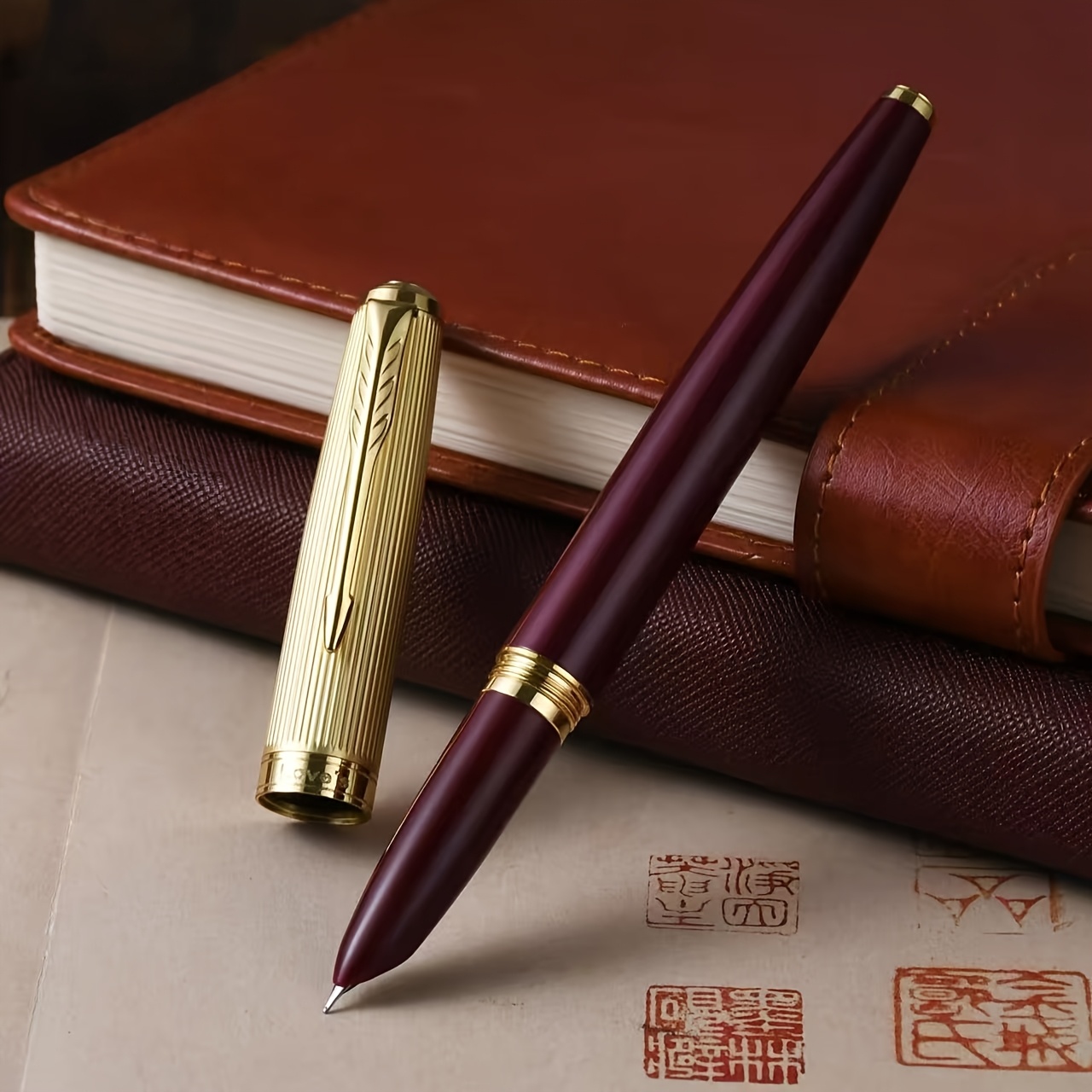 TEMU 1 Metal Fountain Pen, Engraved Cap, 0.38mm Nib, With Ink Converter, Suitable For Men And Women For Office, Executive, Journaling, School,