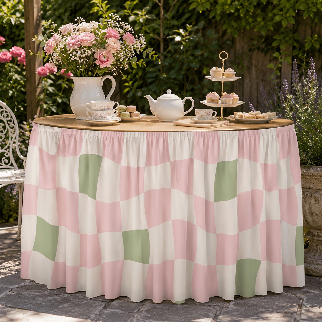 TEMU Tablecover/table Skirt, 1pc, And Green Wavy Checkered Pattern,, For Wedding Reception, Dining Room, Café, Event Decor, Home Kitchen, Party Table