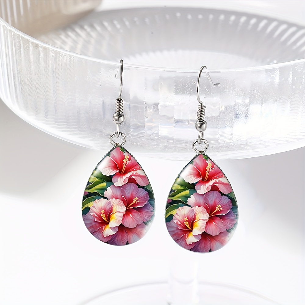TEMU 1 Pair Hibiscus Flowers Tear Drop Earring Handmade Glass Dome Dangle Earrings Jewelry