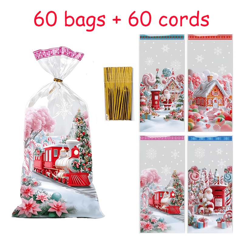TEMU Lot de 120/60 sacs cadeaux de Noël à imprimé dessin (le lot 60/30 sacs + 60/30 attaches torsadées dorées ; 27 cm x 12,5 cm) - Convient pour les