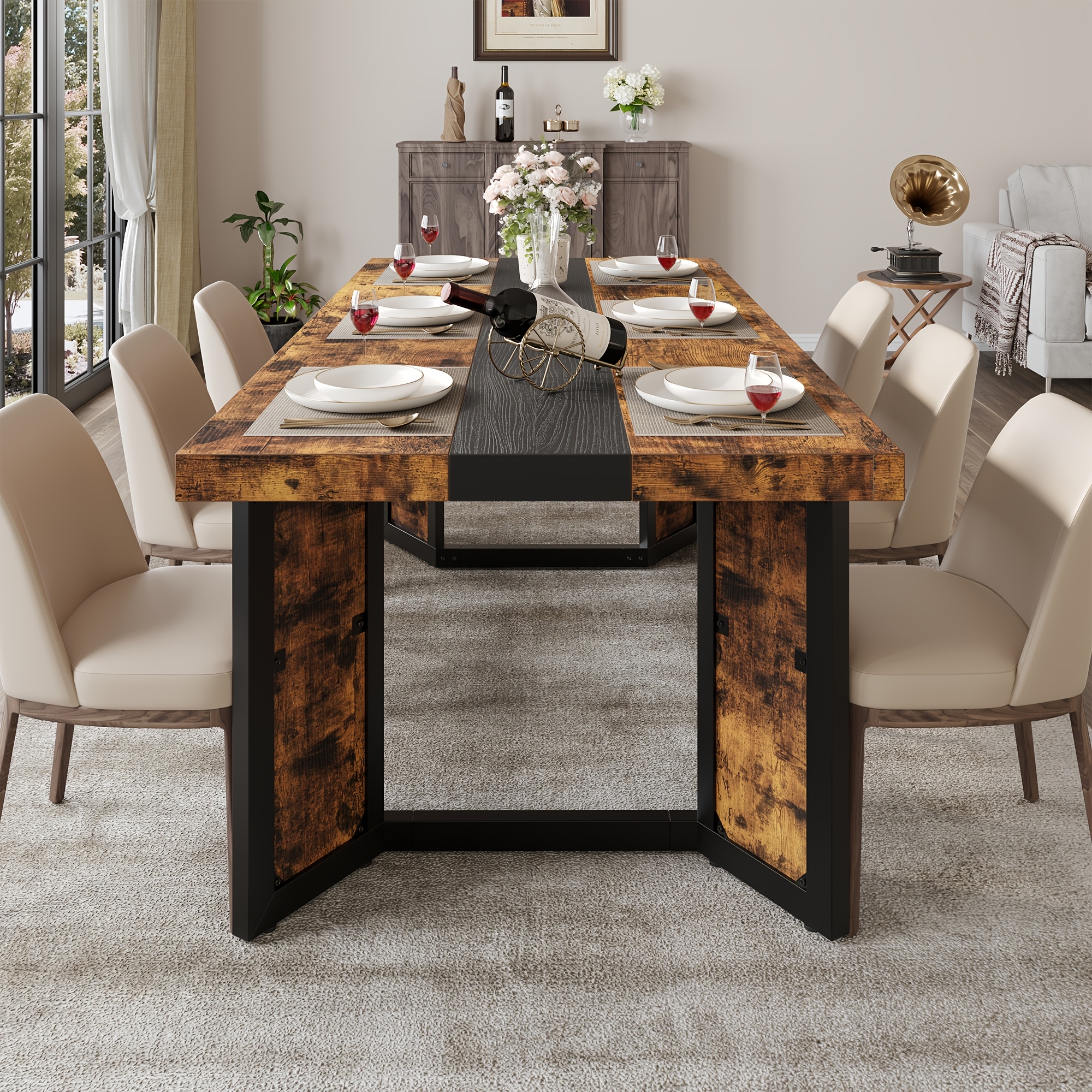 71" Industrial Dining Table - Rustic Brown Finish for 6-8 People