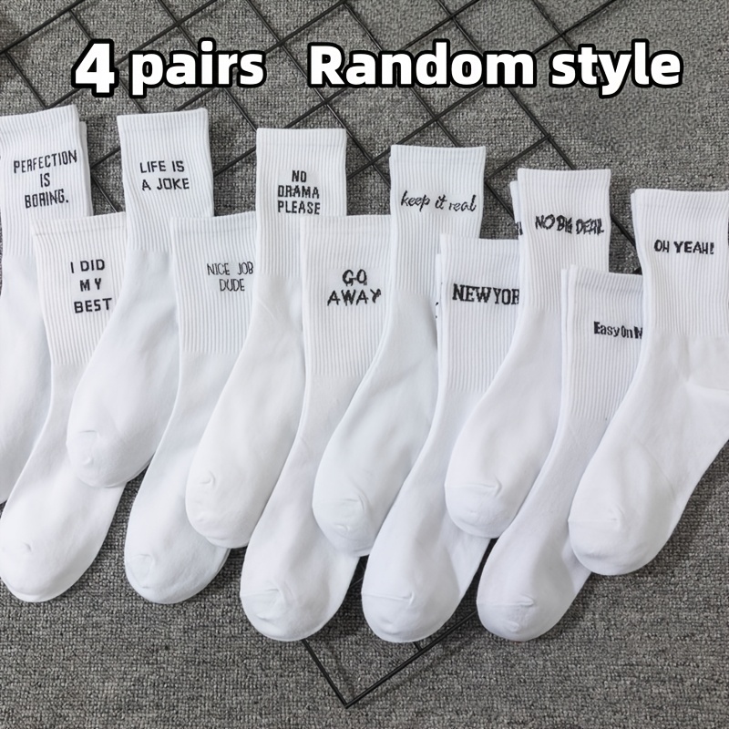 TEMU 4-pair/8-pair Random, Unisex Style, European And Fashion, Versatile, White Lettered Mid-calf Couple's Socks