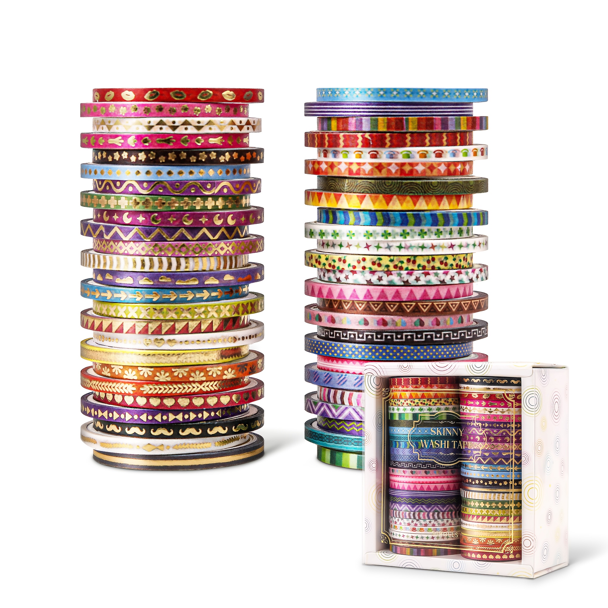 Image of 50 Rolls Skinny Washi Tape Set 3mm Wide, Print Masking Thin Basic Patterns Decorative Tapes For Scrapbooking, Junk Journal Supplies, Journaling, Craft Tape For Women