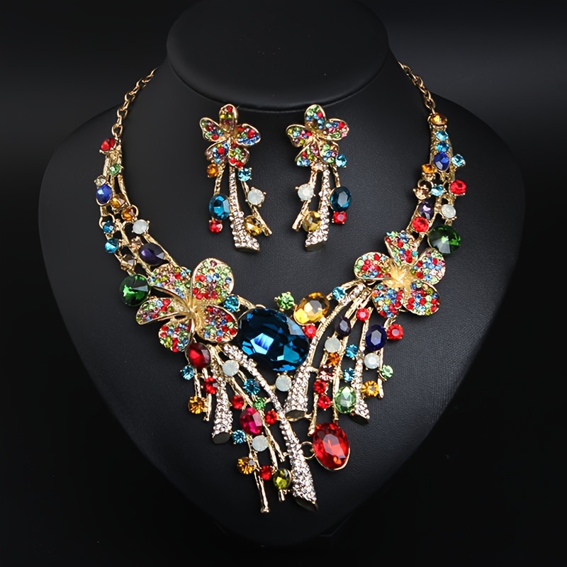 3pcs Vibrant Crystal Flower Jewelry Set - Luxurious Multicolored Necklace and Earrings, Zinc Alloy, Perfect for Bridal Parties & Celebrations, Wedding Gifts