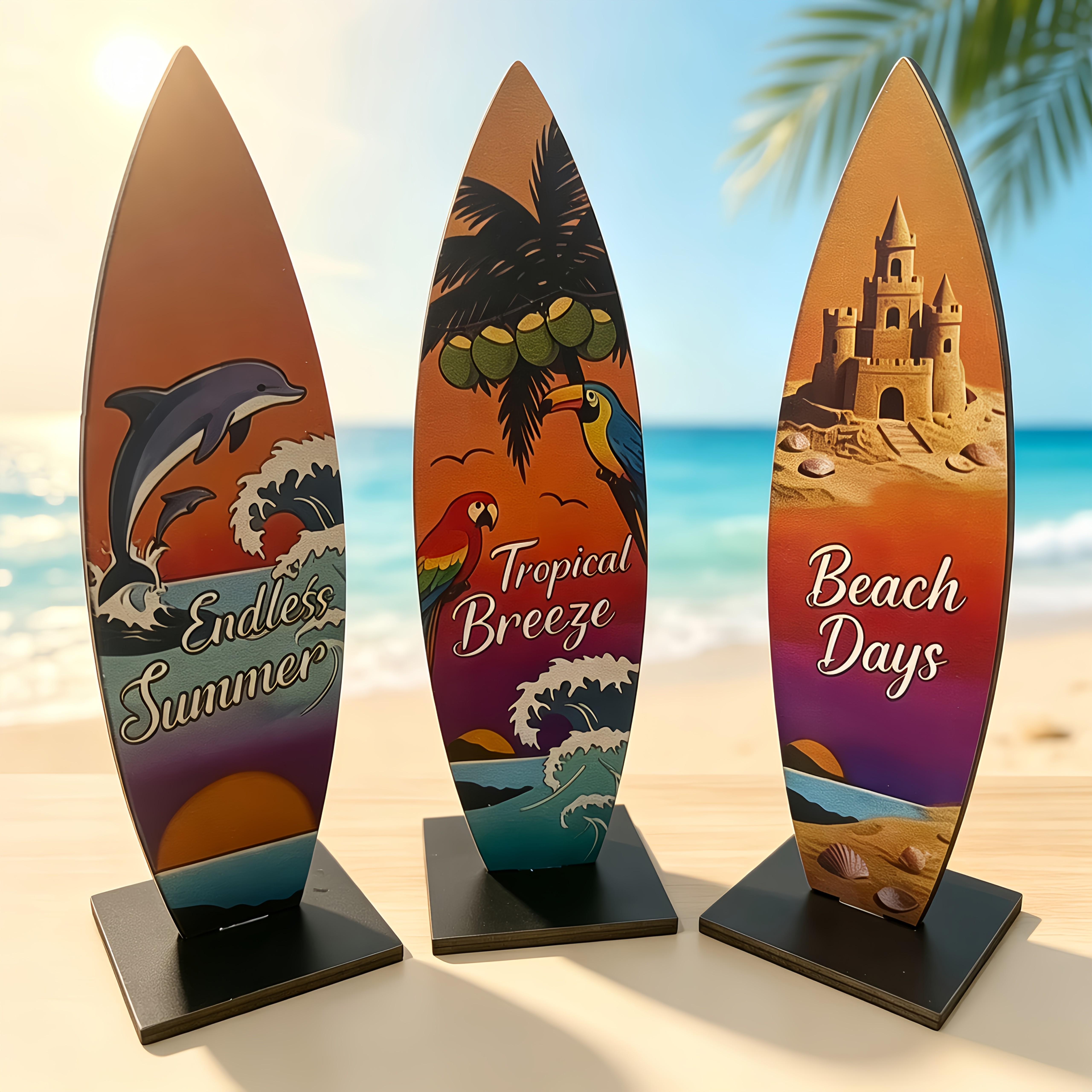 TEMU Juego de 3 letreros de mesa de madera planos 2D con forma de tabla de surf de playa , impresión de de arena, árbol, , , concha marina con las