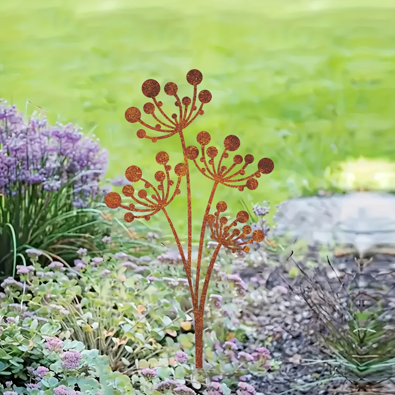 Image of 1pc Rust Iron Dandelion Garden Stake, Flower-shaped Yard Flowerbed Decorations, Perfect Gift For , Thanksgiving Christmas Decor, Landscape Accents, Vintage Style Dandelions Ornament