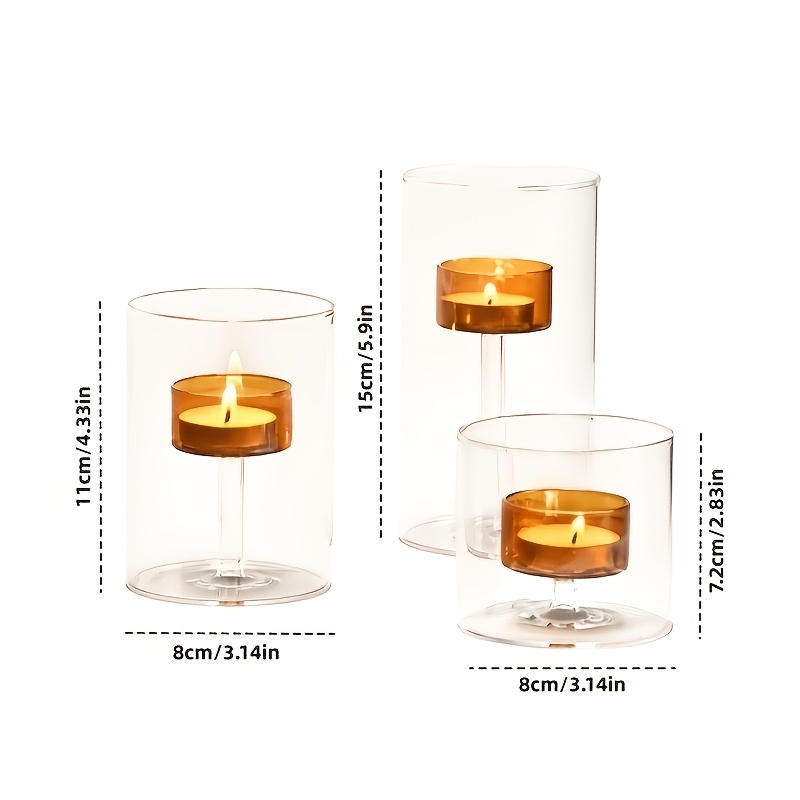TEMU 3pcs Set Of Transparent Glass Candle Holders, Height-adjustable Tea Light Holders, Ins-style Vintage Desktop Decorative Ornaments, Cylindrical