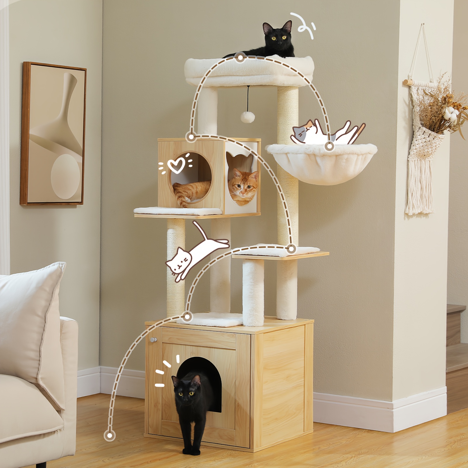 a large cat tree with a litter box enclosure suitable for indoor cats featuring storage cabinets and cozy cat beds sisal covered scratching posts and replaceable hanging balls   in beige   and gray