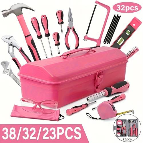 38 32 23 pink household tool set sturdy metal hand tool kit classic barn style toolbox durable metal hand tools for women repair kit give a mothers day gift to mom