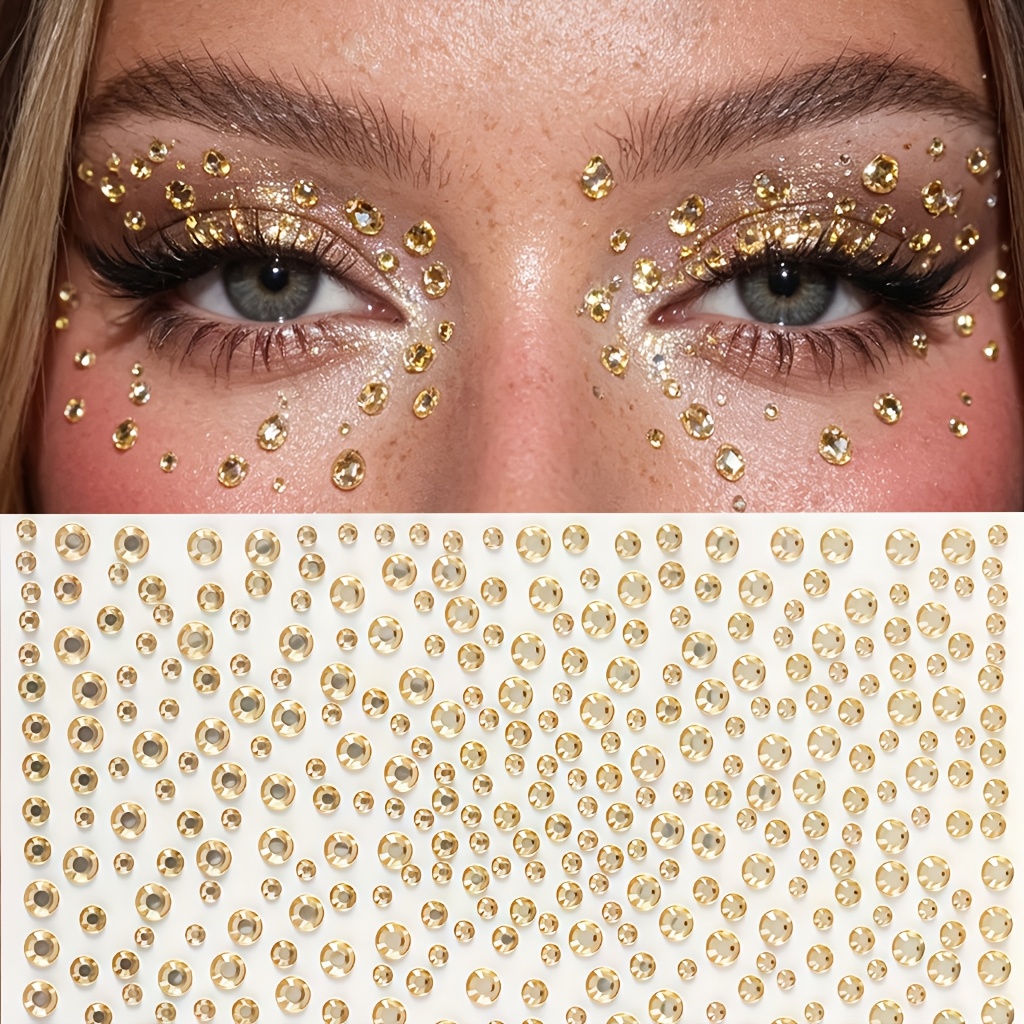 TEMU Solid Golden Single Round Face Rhinestone Sticker, Self-adhesive Face Gems For , Cheeks, Body, Diy Decoration, Music Festival Party Stage Makeup