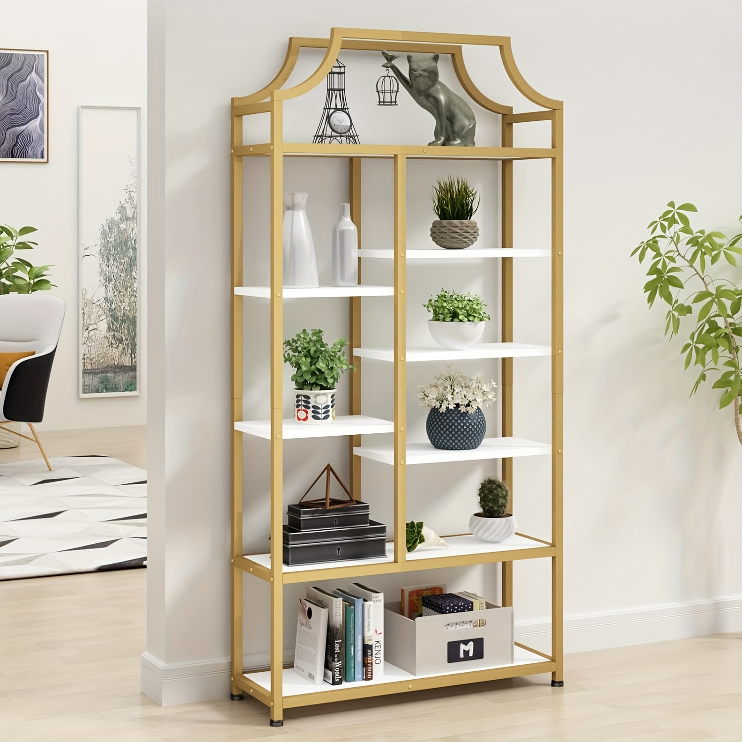 8-Tier Entryway Ladder Shelf - Tall Storage & Display Rack With White Shelves - Golden & Black Options - Perfect For Hallway, Living Room, Bedroom