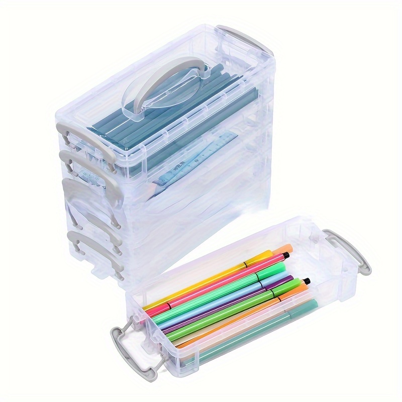 

1pc 6-layer Stackable Plastic Storage Box With Handle, Colorful Finishing Organizer For Pencil, Paint Brush & Marker, Detachable Art Supplies Case