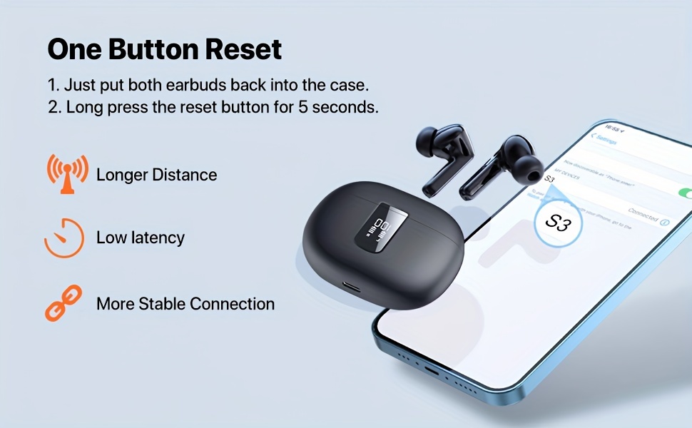 [V5.3 Bluetooth Earbuds] Bluetooth Ear Buds V5.3 with LED Display | 40H Playtime, HiFi Stereo Sound, In-Ear Earphones with Microphone for Android iOS (Black)