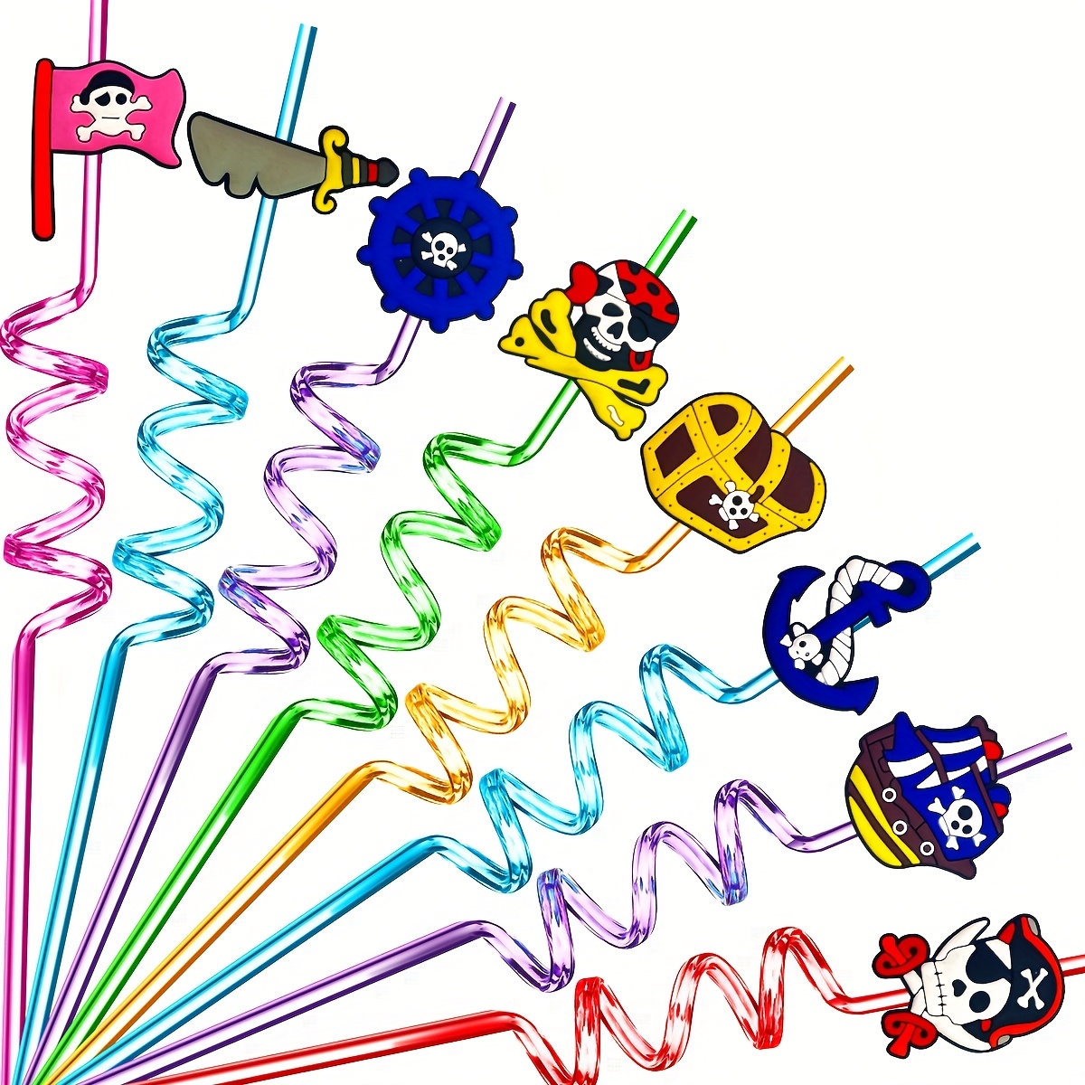 Of 8 Reusable Plastic Straws Featuring A Pirate Theme, Perfect For Milk Drinks And Birthday Party Decorations