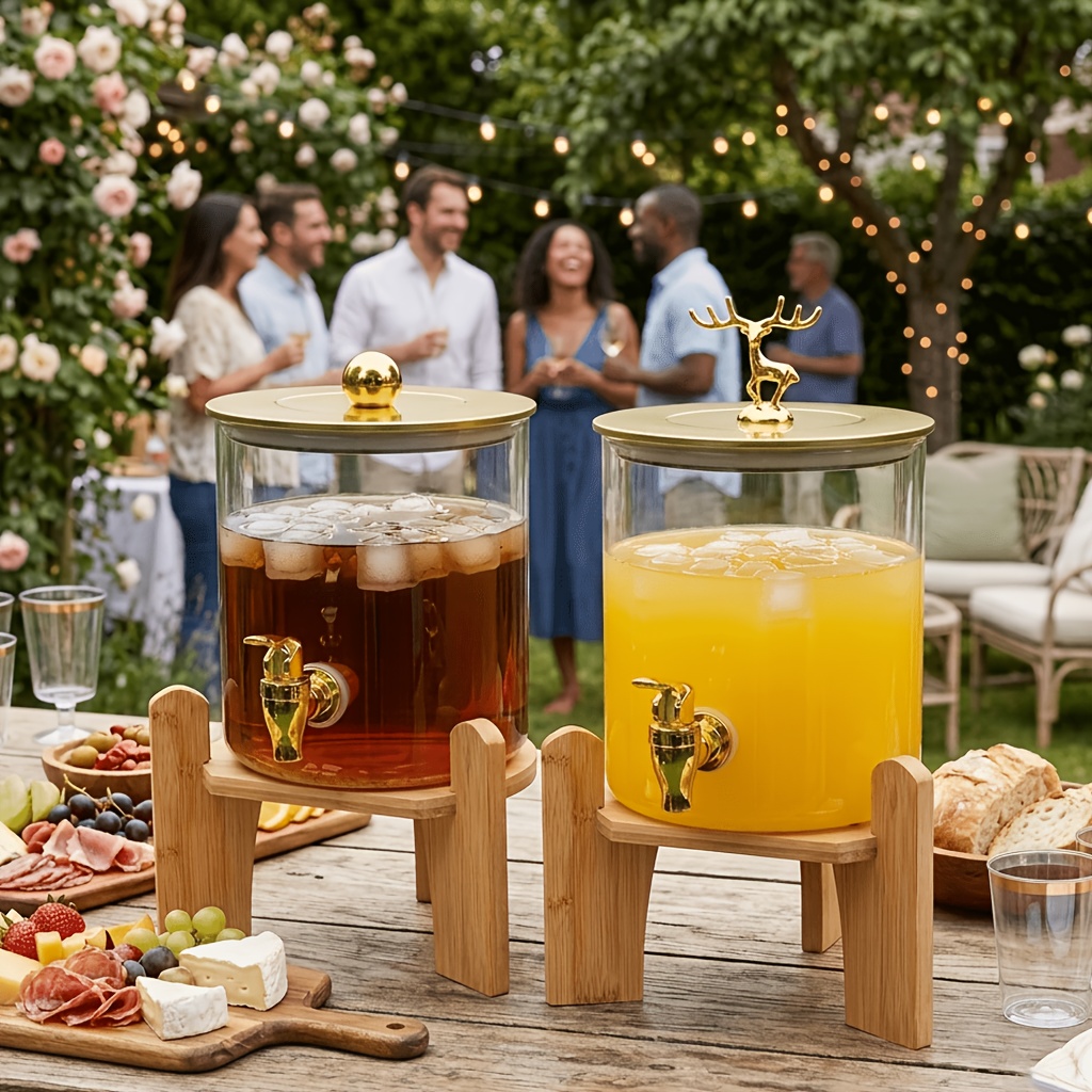 luxury drink dispenser for party 100oz glass beverage dispenser with elegant golden spherical lid bamboo stand 3l   leak proof spigot elegant server for wedding easter kitchen decor wedding gift  