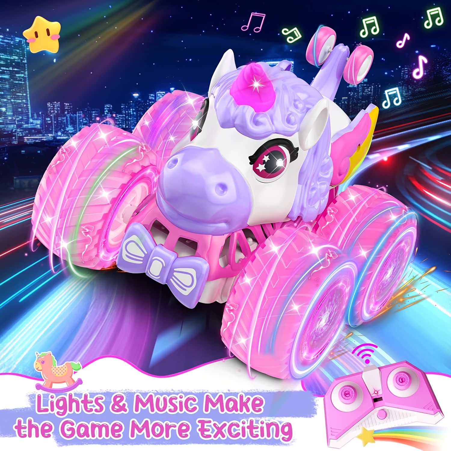 girls remote control car toy 360 rotating 4wd stunt truck with lights and music unicorn monster truck 2 4 ghz rechargeable all terrain pink vehicle birthday gift for girls
