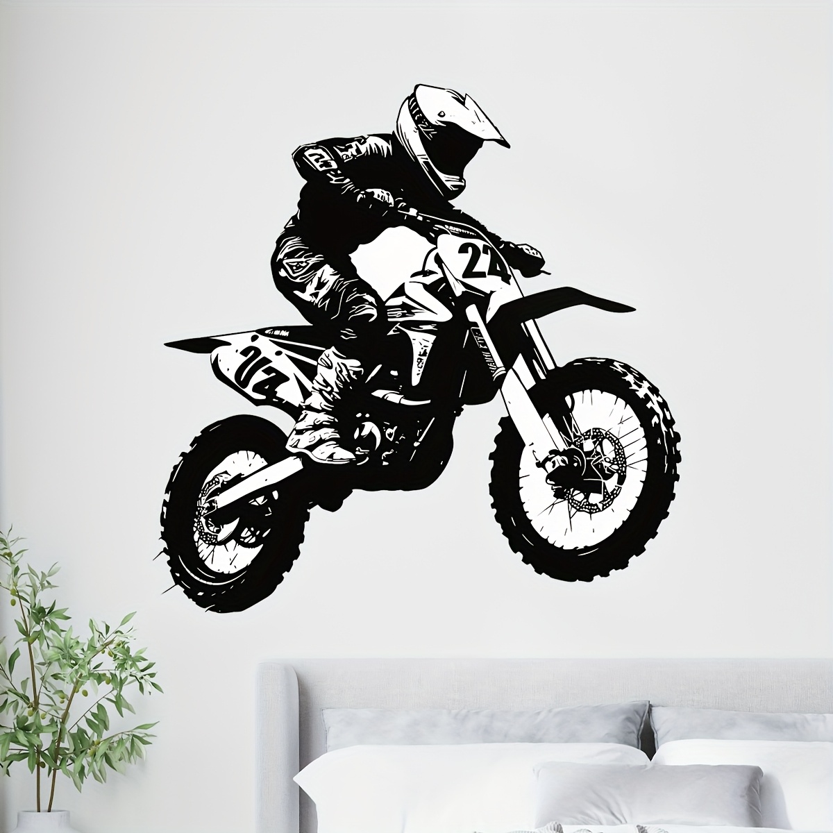 Image of 1pc Black And White Silhouette Off-road Motorcycle Wall Sticker, Theme Decorative Sticker, Self-adhesive, Suitable For Living Room Bedroom Background Wall Decoration, Easy To Apply And Remove