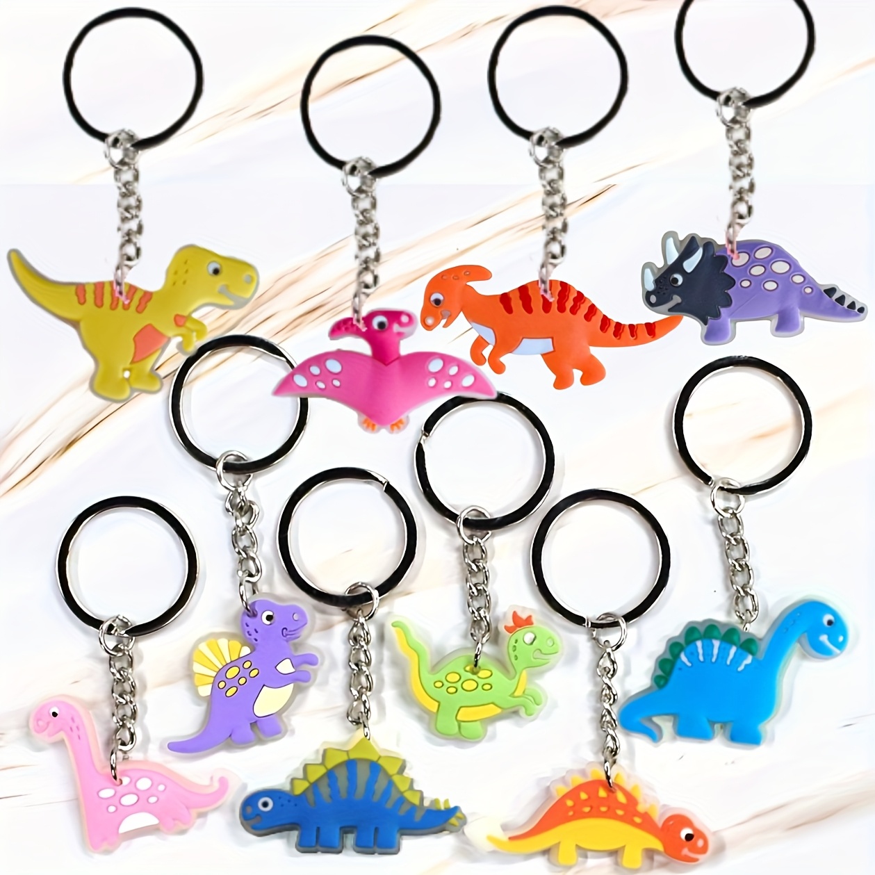 E-shop 10 Stück Dinosaurier Schlüsselanhänger - Prähistorischer Monster Charm mit Pterosaurier, Stegosaurier, Triceratops, Velociraptor, ,