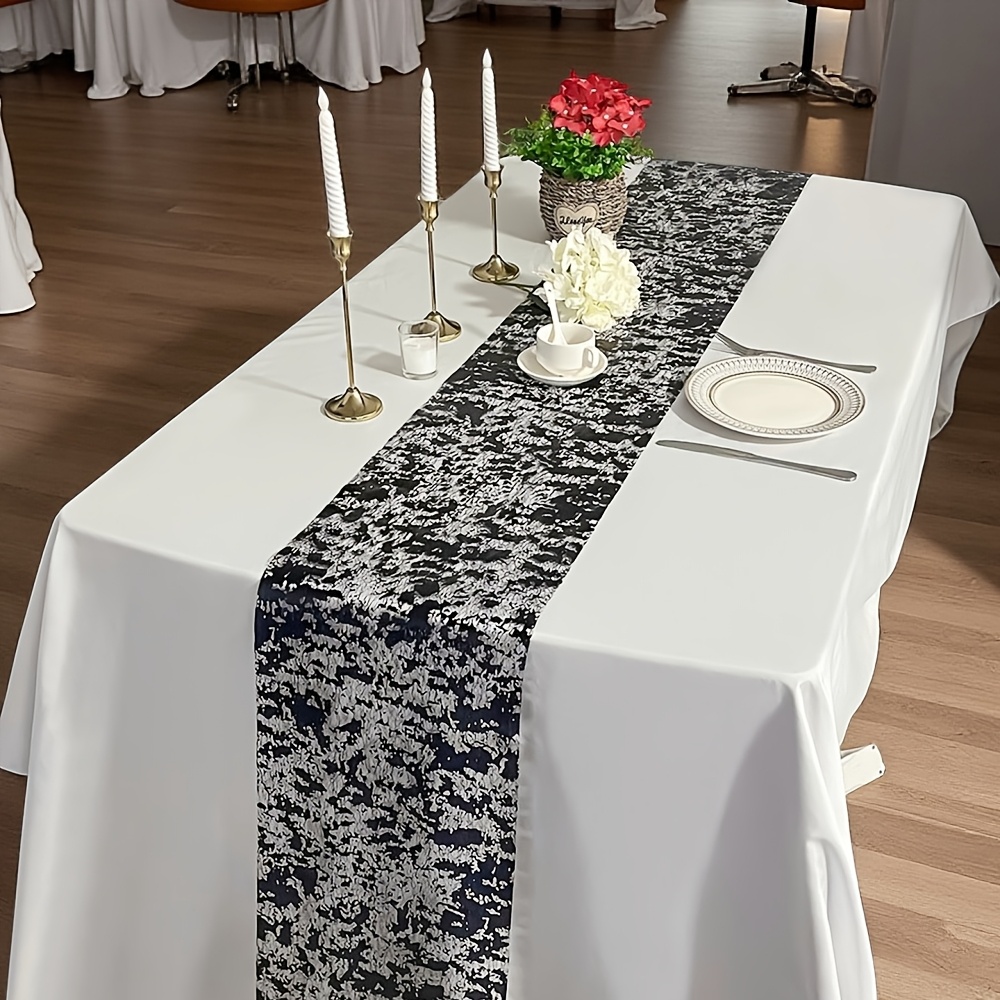 TEMU Chemin de table métallique à paillettes noires et dorées, nappe en métallique, décoration de table en , convient pour fête prénatale, mariage,