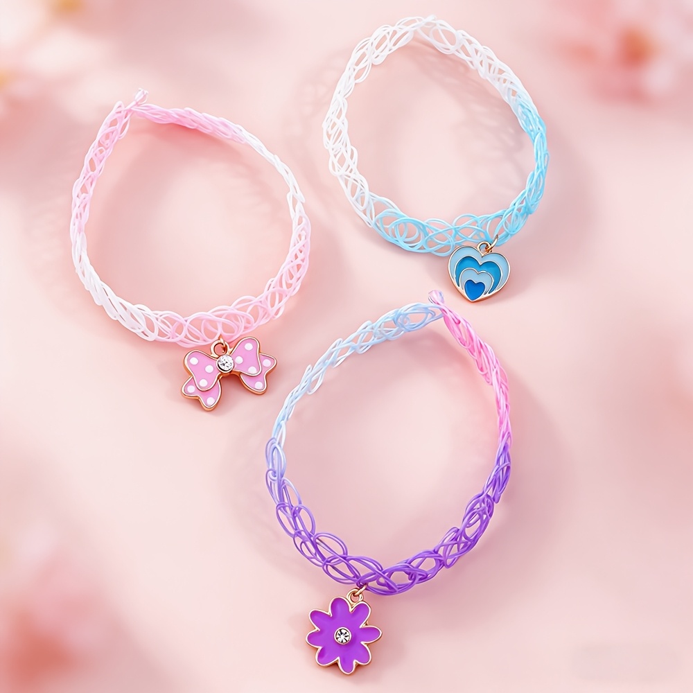 TEMU 3pcs Gradient Flower Bow Heart Pendant Necklaces, Cute Friendship Choker Set For Girls, Fashion Additions For Festival, Gift For Daughter